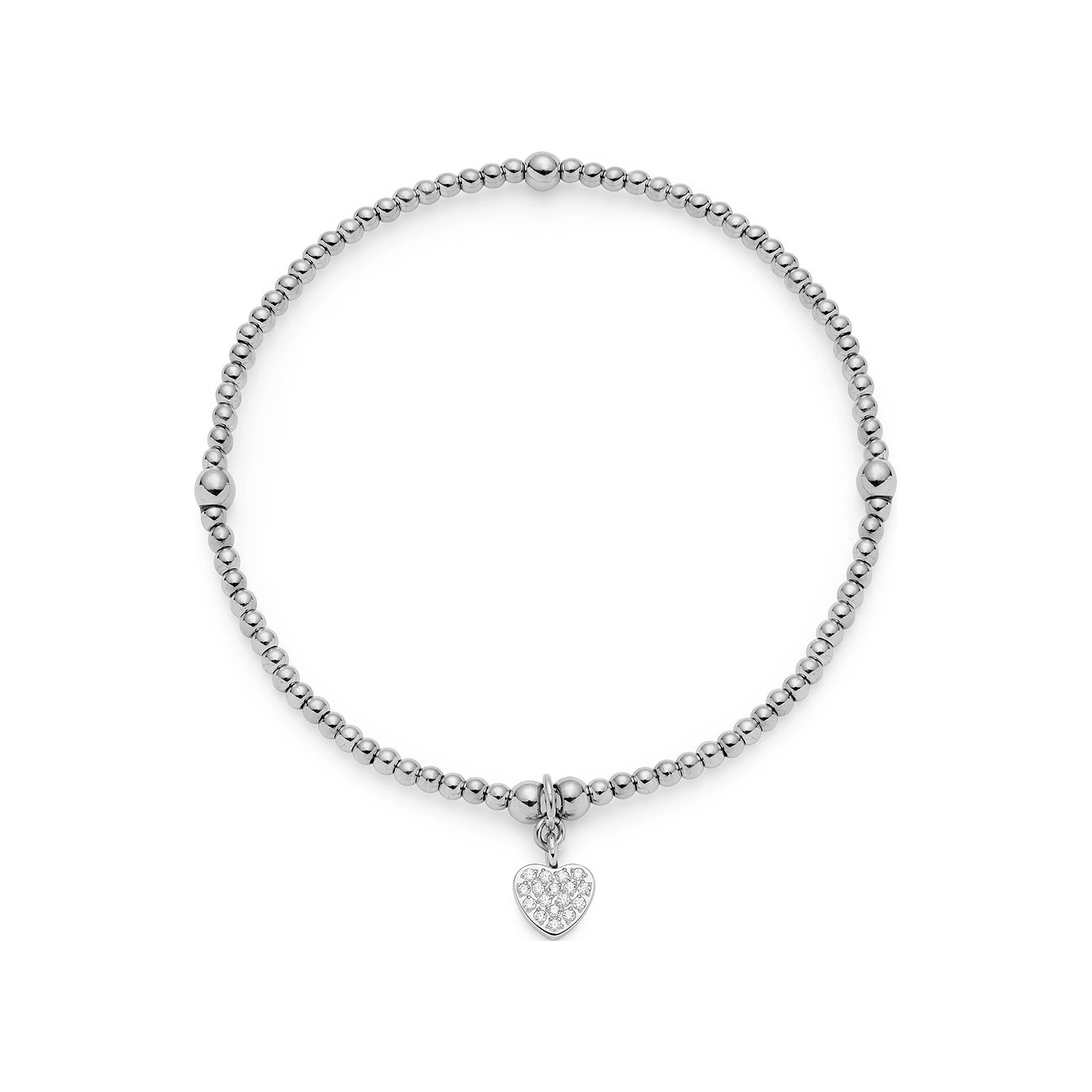 Leonardo roestvrijstalen armband met kleine kraaltjes en een hartvormige hanger bezet met fonkelende zirkonia kleurstenen.