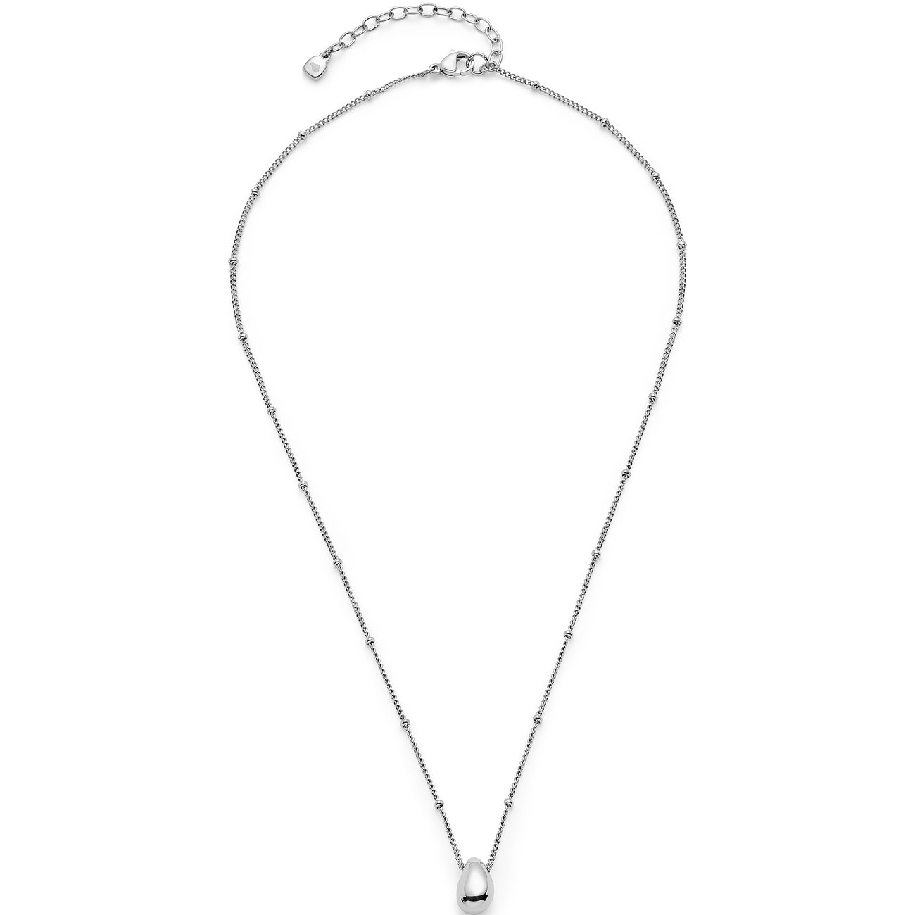 Collier Leonardo en acier inoxydable avec chaîne fine et pendentif poli en forme de goutte, vue de dessus.