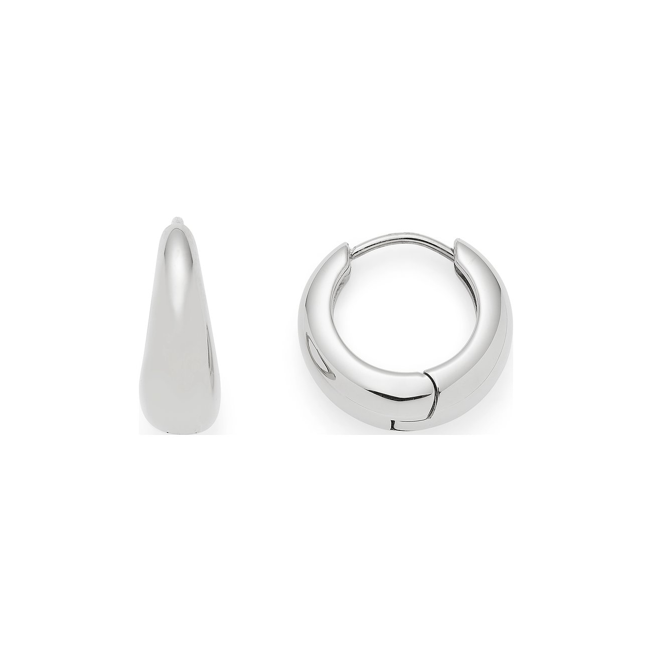 Ein glänzender, schmal zulaufender Leonard Ohrring aus Edelstahl einzeln stehend, daneben ein geöffneter, runder Ohrring.