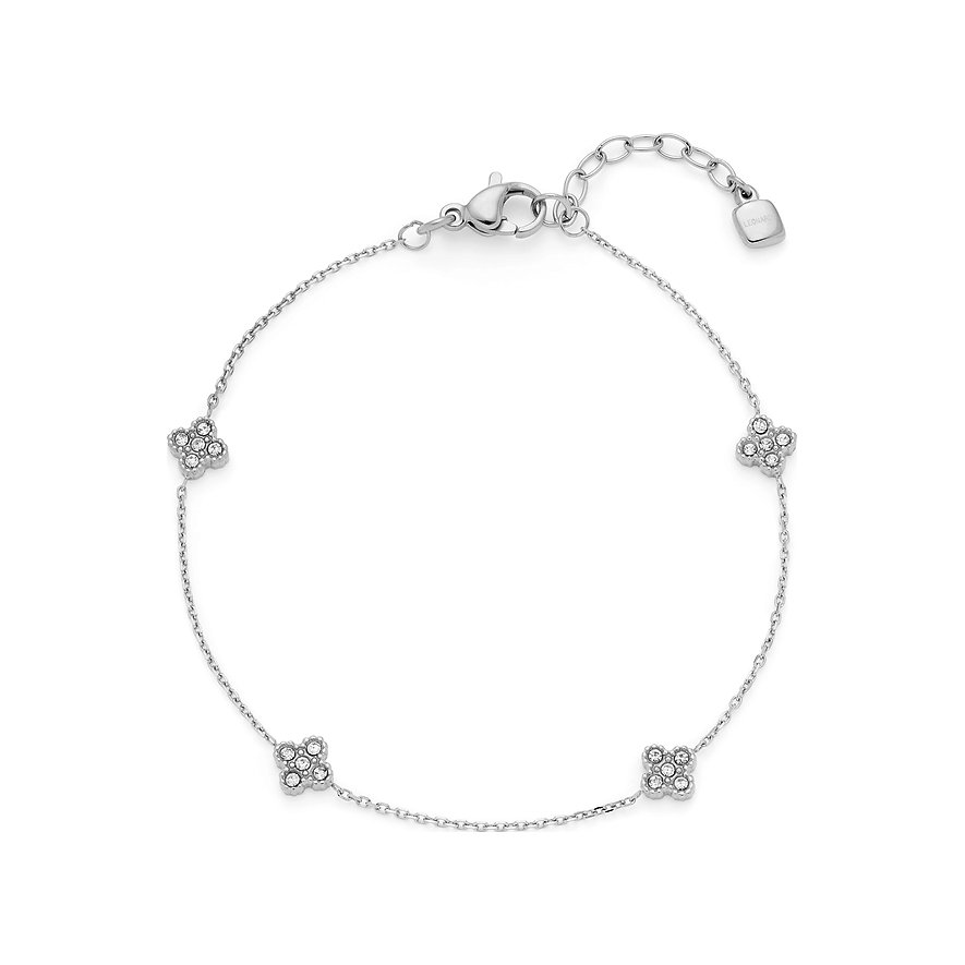 Ein silberfarbenes Leonardo Armband aus Edelstahl mit vier Zirkonia Blüten, die mit glitzernden Farbsteinen besetzt sind.