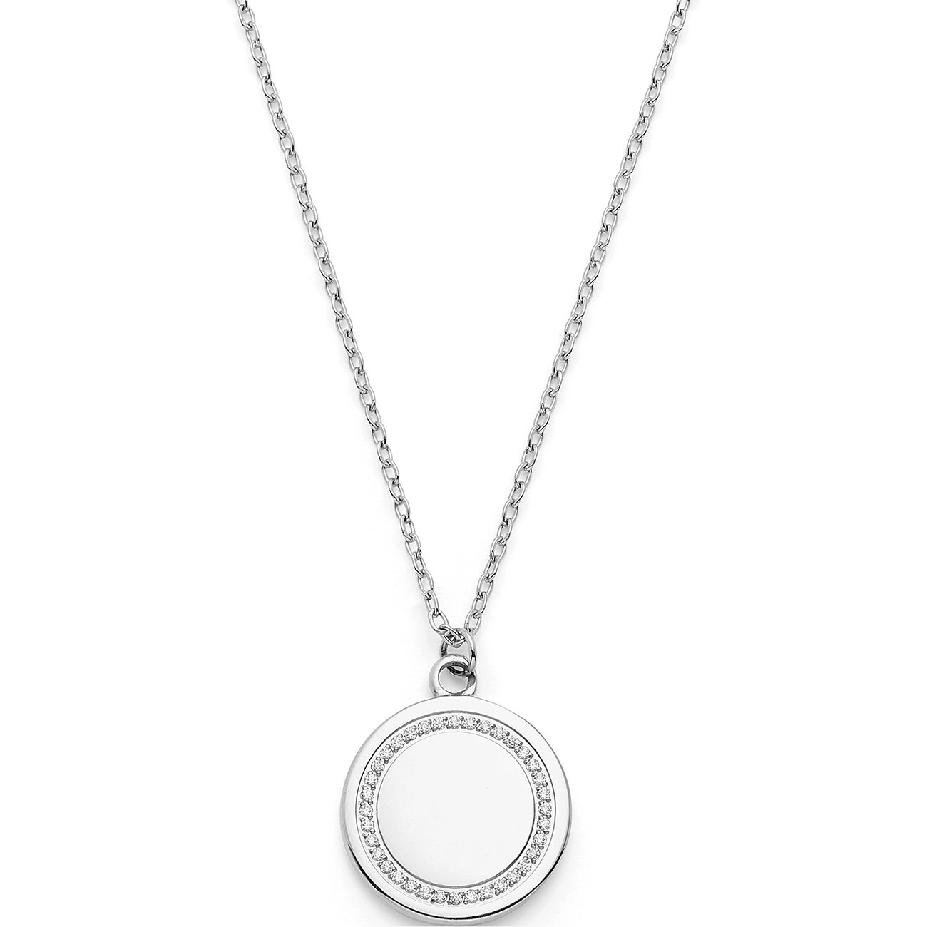 Leonardo halsband i rostfritt stål med runt hänge och zirkoniastenar på vit bakgrund.