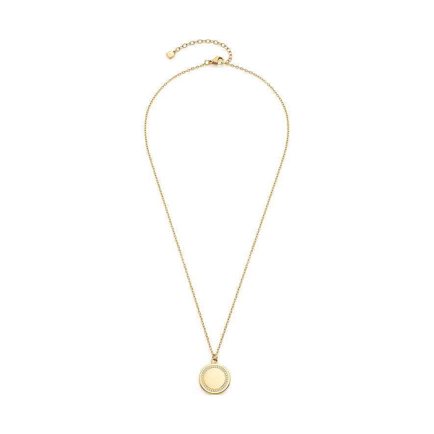 Ein goldenes Leonardo Edelstahl-Collier mit einer runden Fassung, die mit Zirkonia-Farbsteinen besetzt ist.