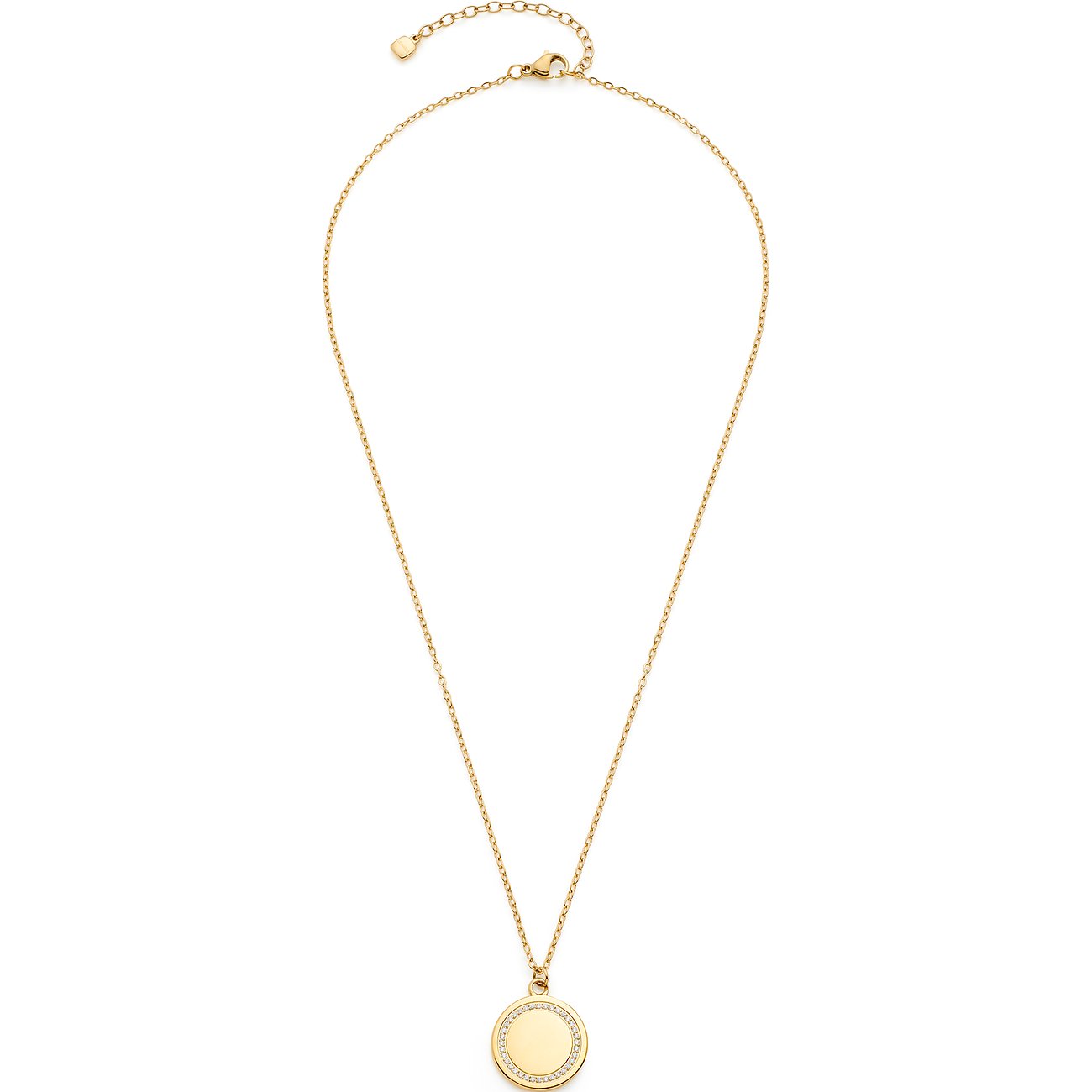Ein goldenes Leonardo Edelstahl-Collier mit einer runden Fassung, die mit Zirkonia-Farbsteinen besetzt ist.