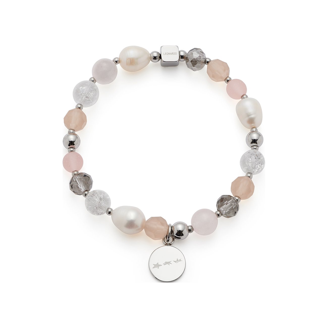 Leonardo armband van RVS met glasstenen in rosé, heldere en grijze tinten, zoetwaterparels en ronde bedel.