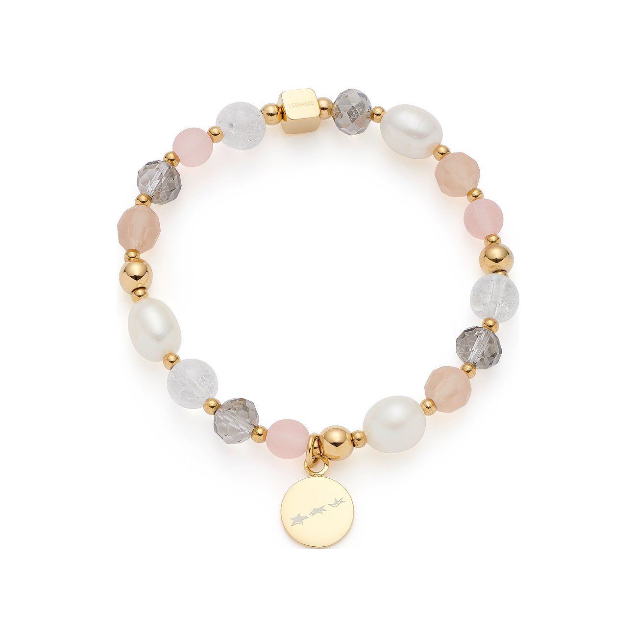 Leonardo RVS armband met roze en grijze glasparels, witte parels en een gouden ID-tag.