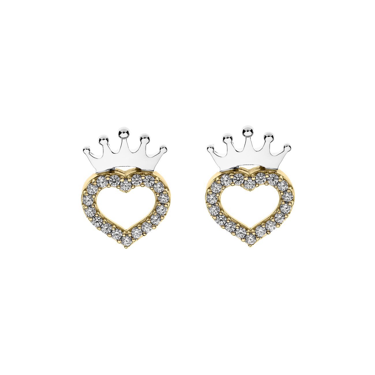 Disney Herz-Ohrstecker aus 925er Silber mit goldfarbenem Rand und Zirkonia besetzt, gekrönt von einer silberfarbenen Krone.