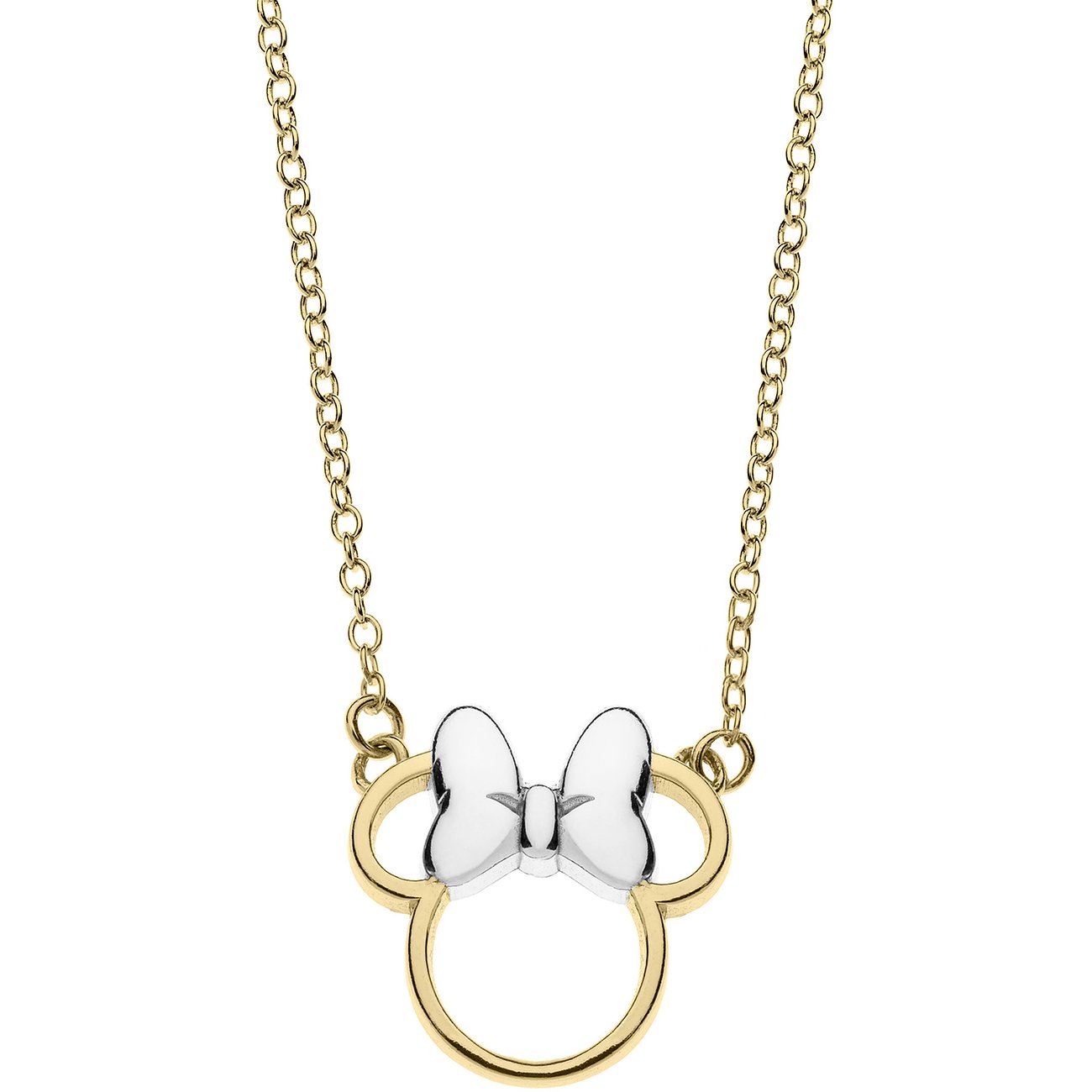 Disney Mus halsband i silver: Guldfärgad Musse Pigg-silhuett med en silverrosett, mot en vit bakgrund.