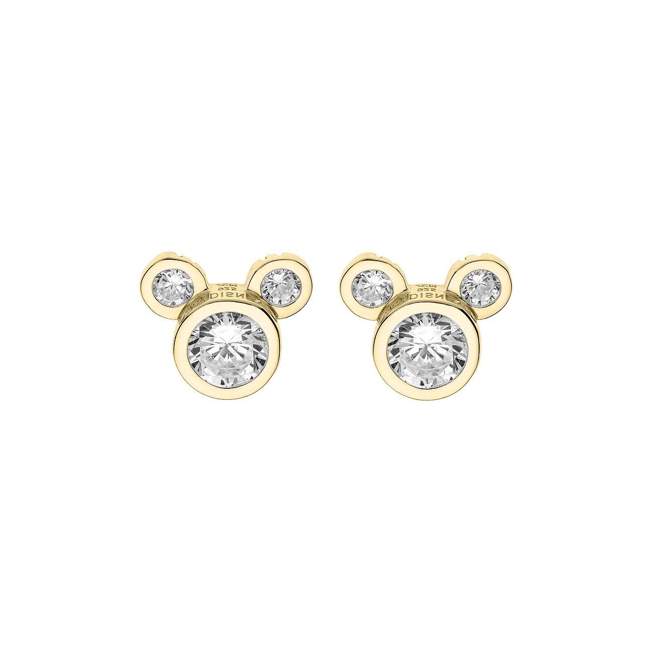 Zwei goldene Disney Ohrstecker in Form von Micky Maus Köpfen mit klaren Schmucksteinen. Die Ohrringe sind aus 925er Silber.