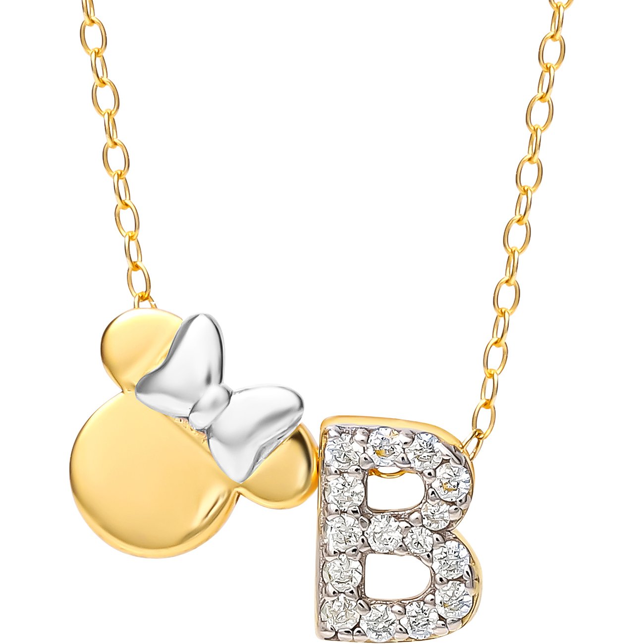 Disney silverhalsband med Mimmi Pigg och bokstaven B hänge, prydd med klara ädelstenar.