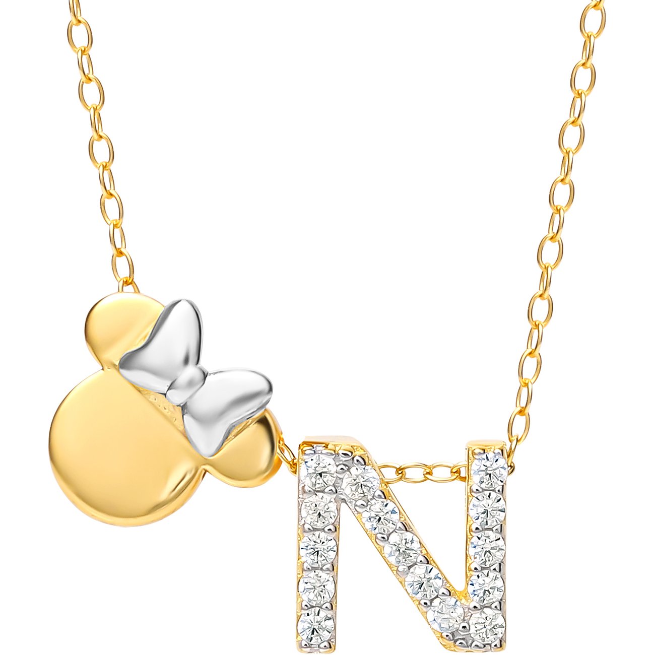 Disney Halsschmuck aus goldfarbenem 925er Silber mit Minnie-Mouse-Kopf und dem Buchstaben N mit klaren Schmucksteinen.