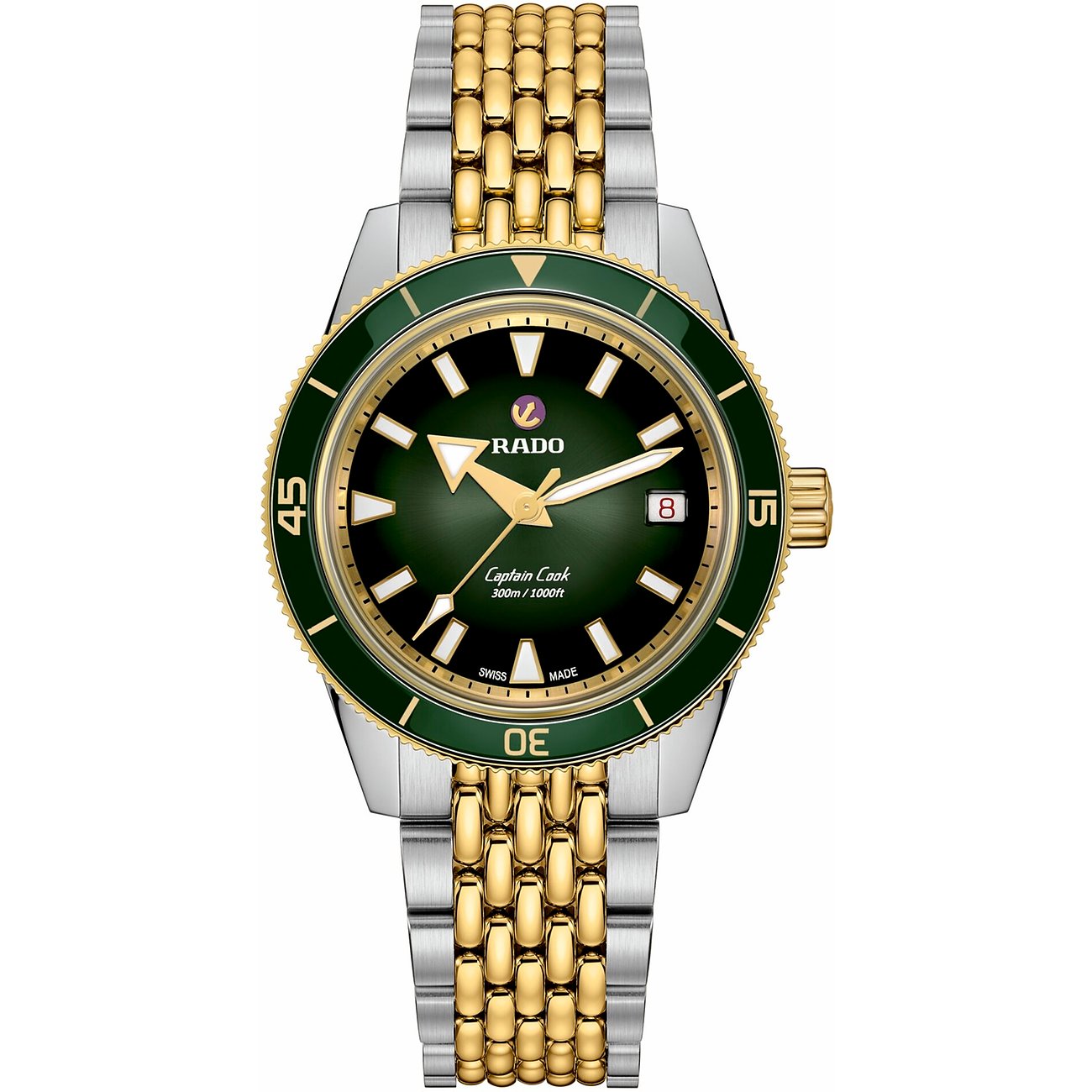Rado Herrenuhr aus Edelstahl in Gold und Silber, mit einem grünen Zifferblatt und grüner Lünette.
