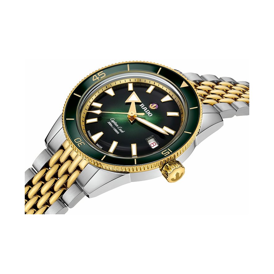 Rado Herrenuhr, blau/gold Edelstahl, rundes Gehäuse/Armband, dunkelblaues Zifferblatt, goldene Elemente, Leuchtzeiger.