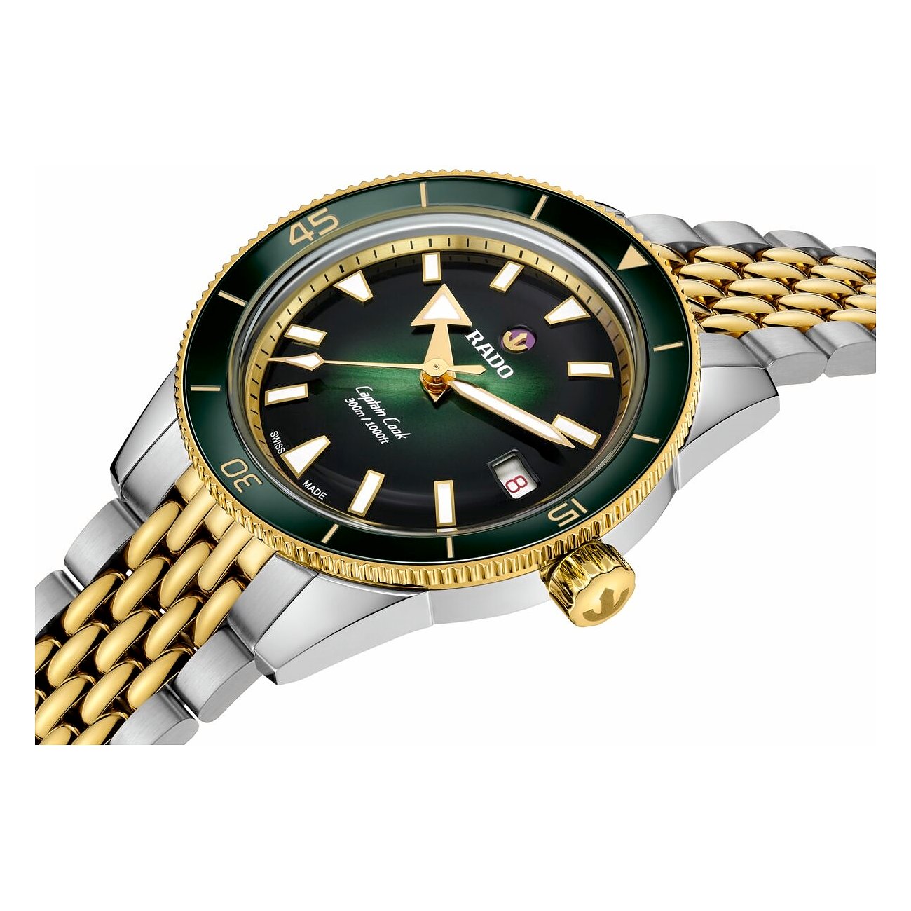 Rado Herrenuhr, blau/gold Edelstahl, rundes Gehäuse/Armband, dunkelblaues Zifferblatt, goldene Elemente, Leuchtzeiger.