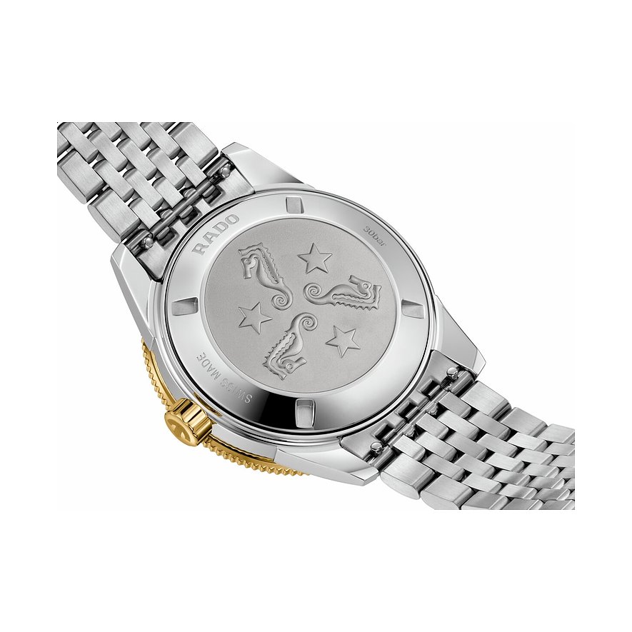 Rado Herrenuhr aus Edelstahl, Rückseite mit eingravierten Seepferdchen und Sternen, goldener Lünette und Krone.