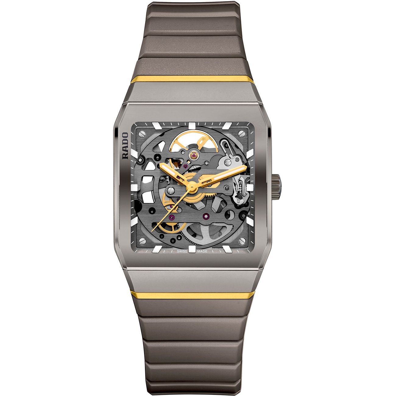 Rado Herrenuhr aus Keramik von oben, mit goldfarbenen Akzenten und einem offenen Zifferblatt, das das Uhrwerk zeigt.