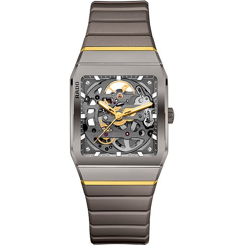 Rado Herrenuhr aus Keramik von oben, mit goldfarbenen Akzenten und einem offenen Zifferblatt, das das Uhrwerk zeigt.