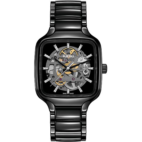 Rado Unisexuhr, eckige schwarze Keramik-Uhr mit offenem Zifferblatt, mit Diamanten und sichtbarem Uhrwerk.