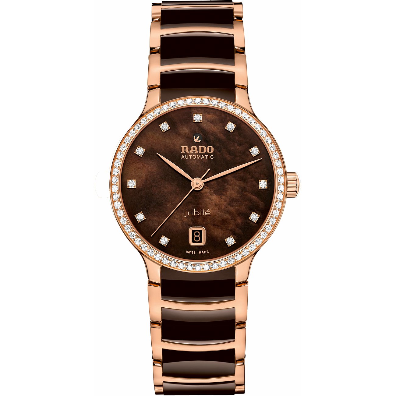 Rado Damenuhr aus braunem Keramik und roségoldfarbenem Edelstahl. Das braune Zifferblatt ist mit Diamanten besetzt.