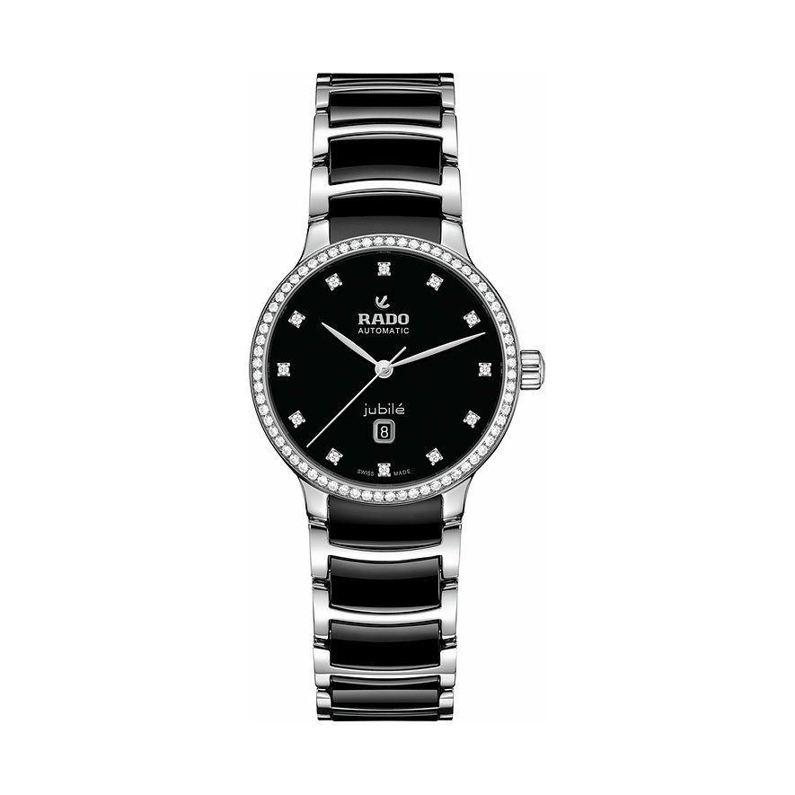 Die Damenuhr Rado Jubilé hat ein schwarzes Zifferblatt mit Diamanten und ein zweifarbiges Edelstahlarmband.