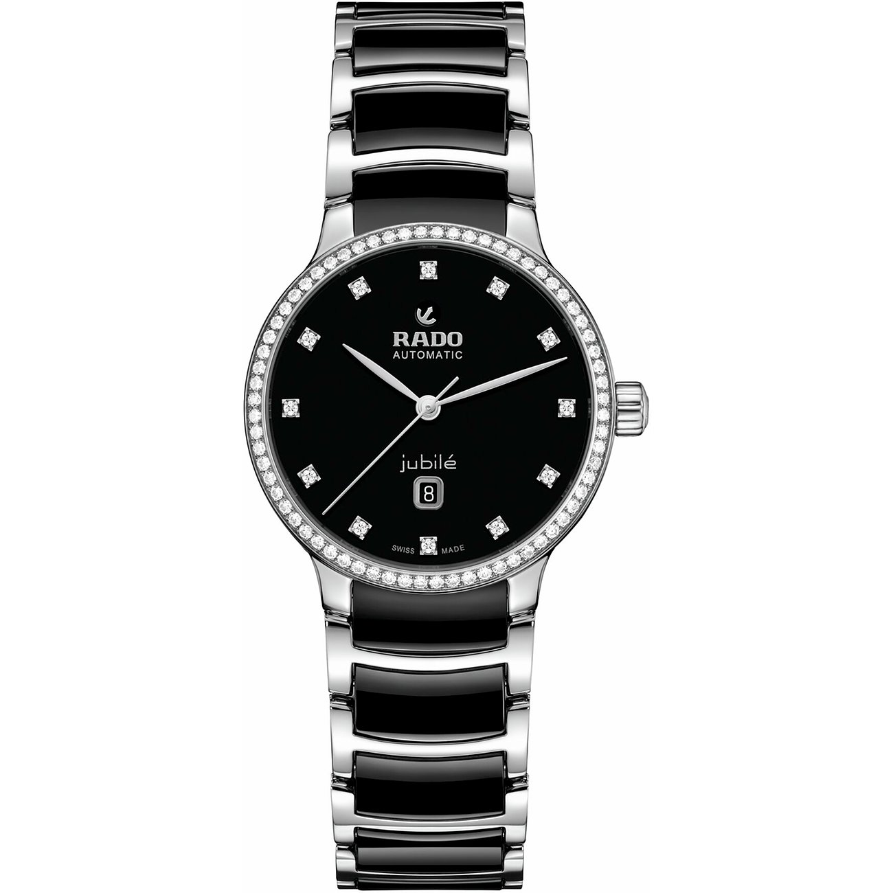 Die Damenuhr Rado Jubilé hat ein schwarzes Zifferblatt mit Diamanten und ein zweifarbiges Edelstahlarmband.