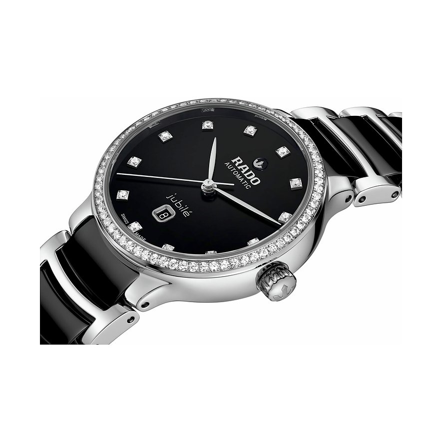 Rado Damenuhr aus Edelstahl mit Diamanten, schwarzem Zifferblatt und gl\u00e4nzendem, schwarzem Keramikarmband.