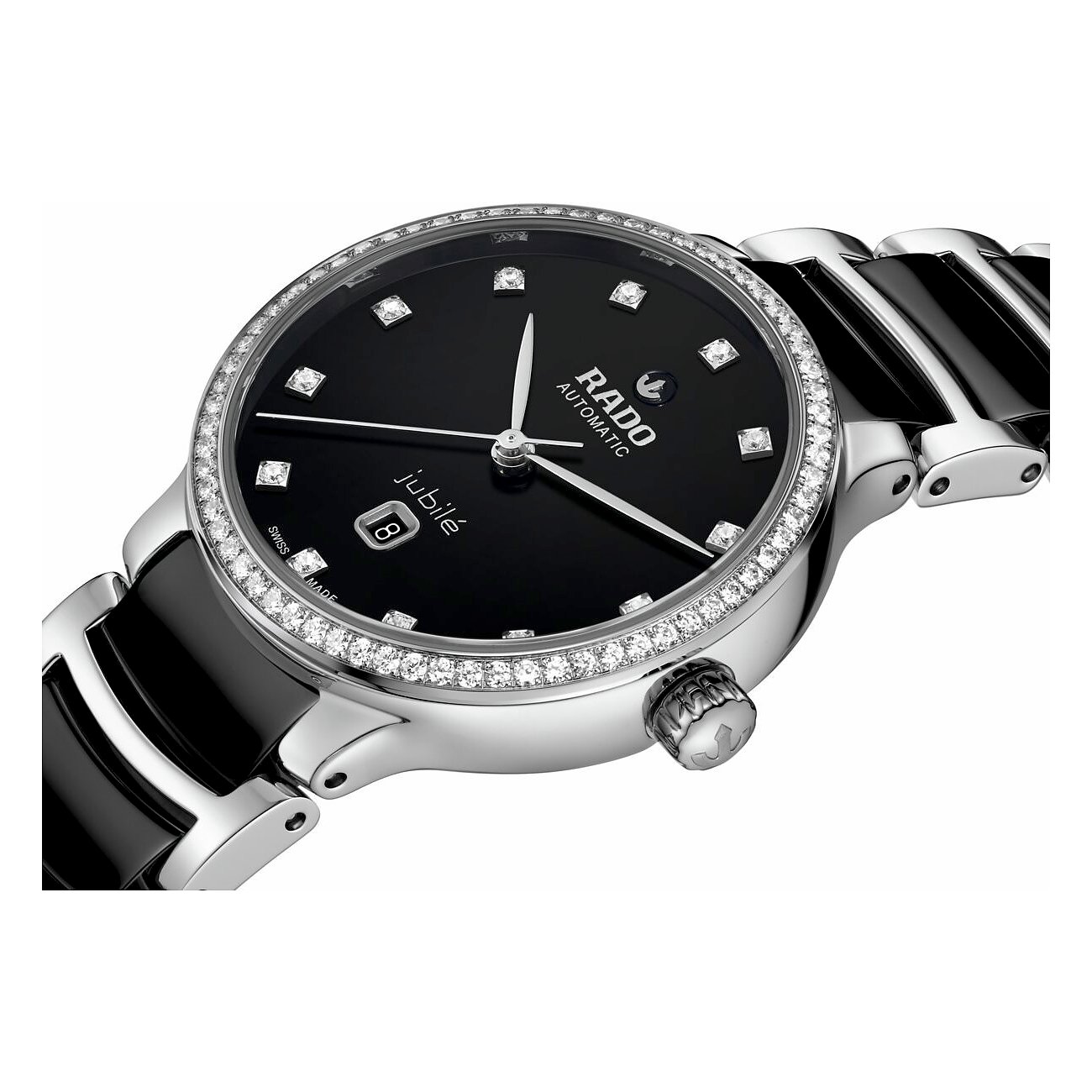 Rado Damenuhr aus Edelstahl mit Diamanten, schwarzem Zifferblatt und gl\u00e4nzendem, schwarzem Keramikarmband.