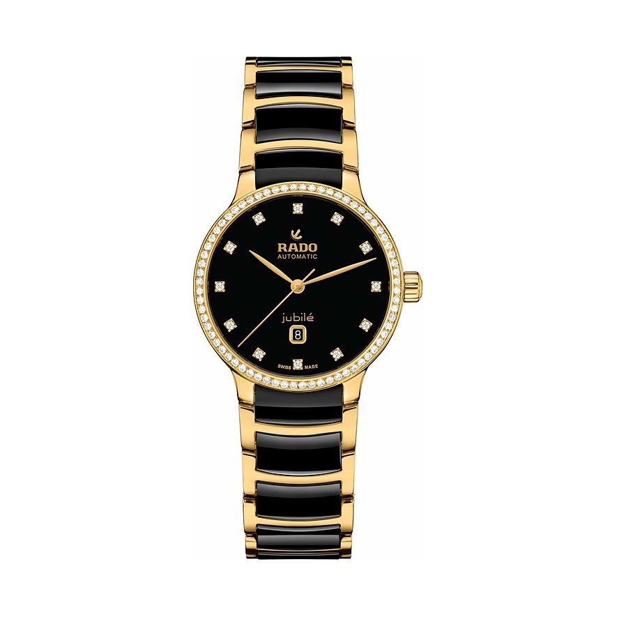 Rado Damenuhr Rado Jubile in Schwarz und Gold aus Edelstahl, besetzt mit funkelnden Diamanten.