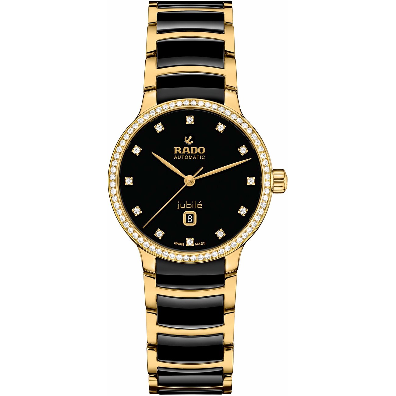 Rado Damenuhr Rado Jubile in Schwarz und Gold aus Edelstahl, besetzt mit funkelnden Diamanten.