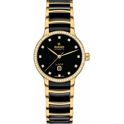 Rado Damenuhr Rado Jubile in Schwarz und Gold aus Edelstahl, besetzt mit funkelnden Diamanten.