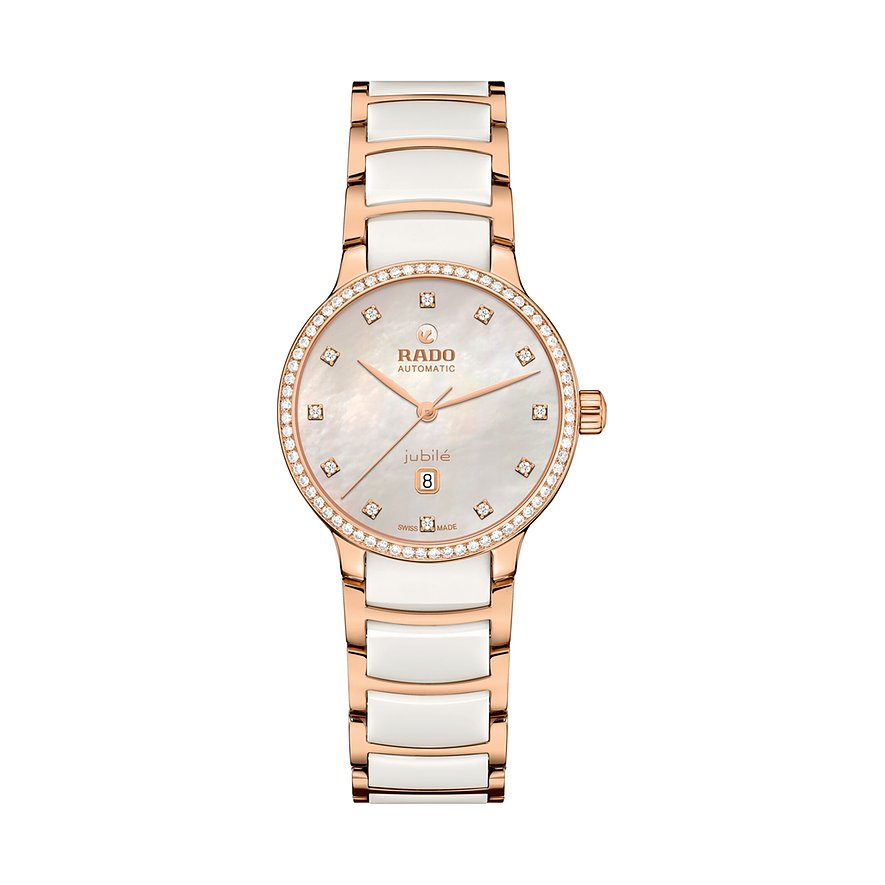 Rado Damenuhr: Roségoldfarbener Edelstahl, weißes Armband, Diamanten umranden das Zifferblatt, weitere Diamanten und Datumsfeld