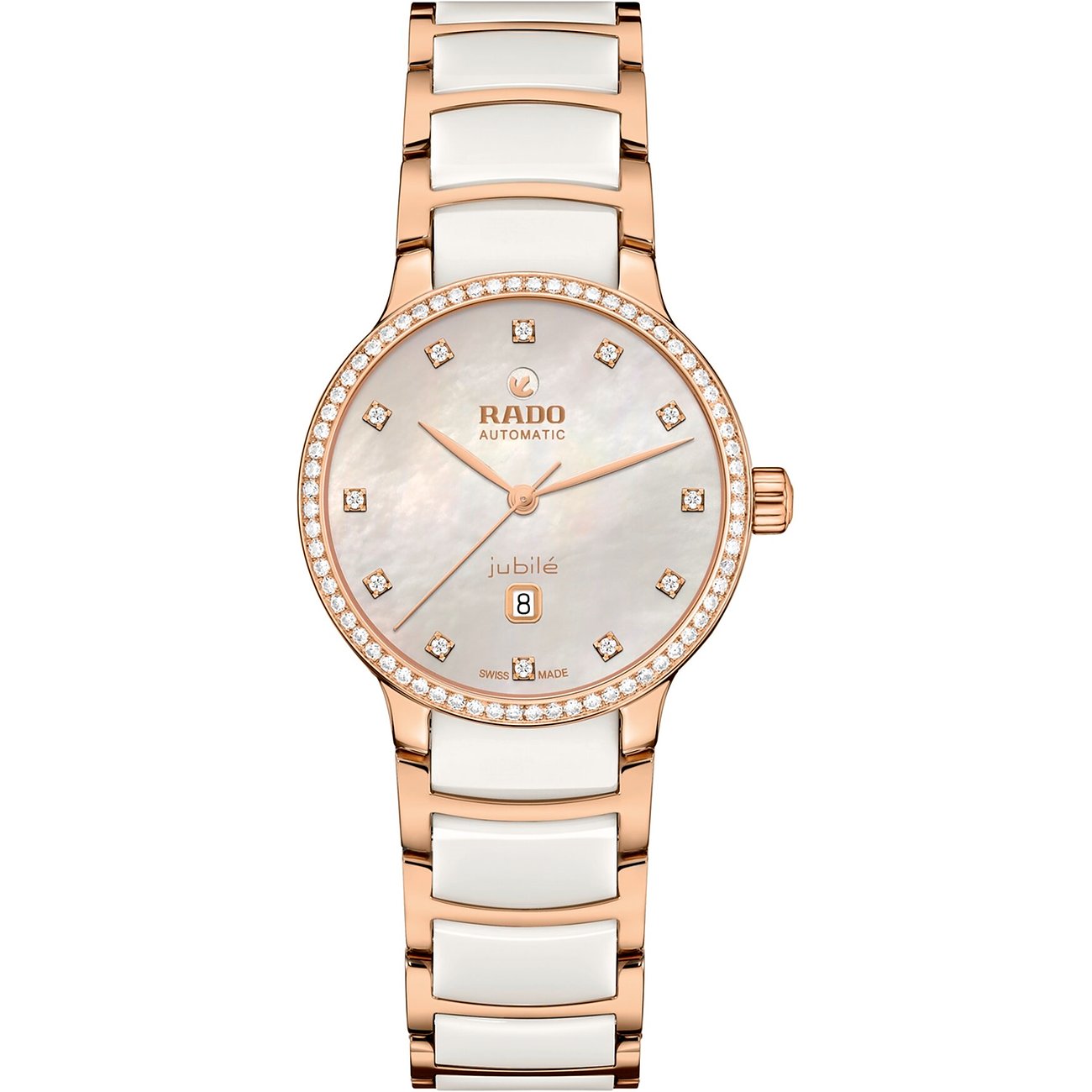 Rado Damenuhr: Roségoldfarbener Edelstahl, weißes Armband, Diamanten umranden das Zifferblatt, weitere Diamanten und Datumsfeld