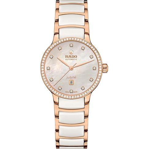 Rado Damenuhr: Roségoldfarbener Edelstahl, weißes Armband, Diamanten umranden das Zifferblatt, weitere Diamanten und Datumsfeld