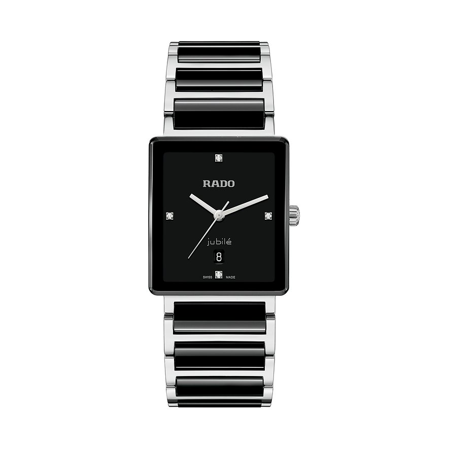 Rado Unisexuhr, Jubile, eckige Quarzuhr aus Edelstahl mit glänzend schwarzen Gliedern und Diamanten auf dem Zifferblatt.