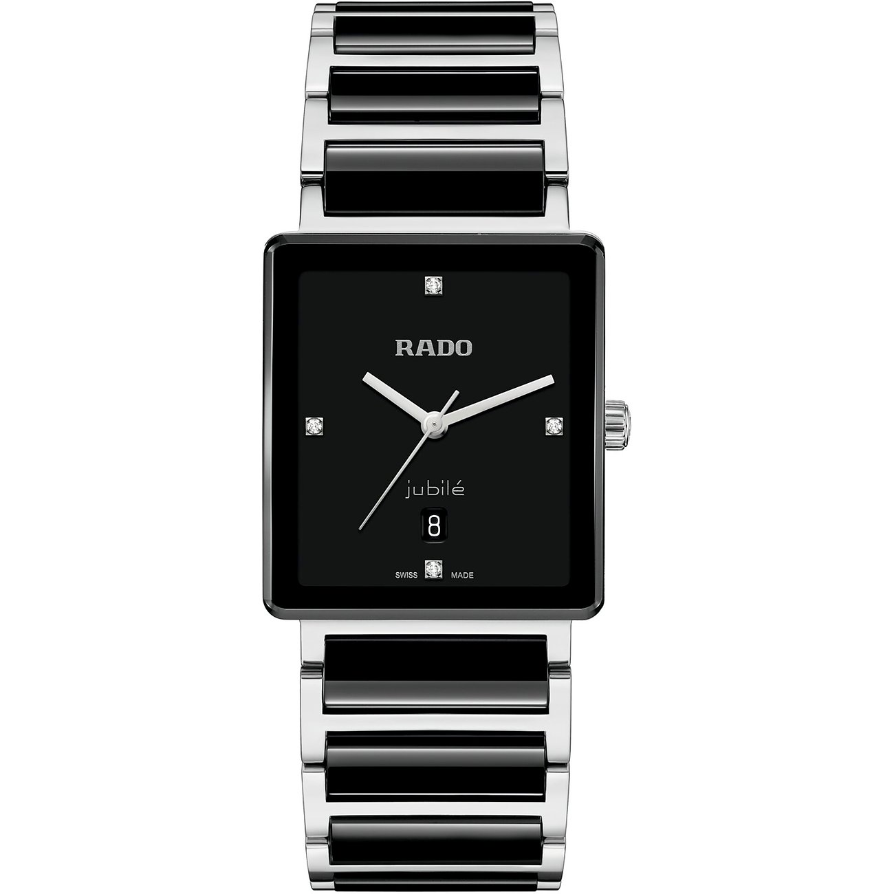 Rado Unisexuhr, Jubile, eckige Quarzuhr aus Edelstahl mit glänzend schwarzen Gliedern und Diamanten auf dem Zifferblatt.