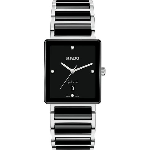 Rado Unisexuhr, Jubile, eckige Quarzuhr aus Edelstahl mit glänzend schwarzen Gliedern und Diamanten auf dem Zifferblatt.