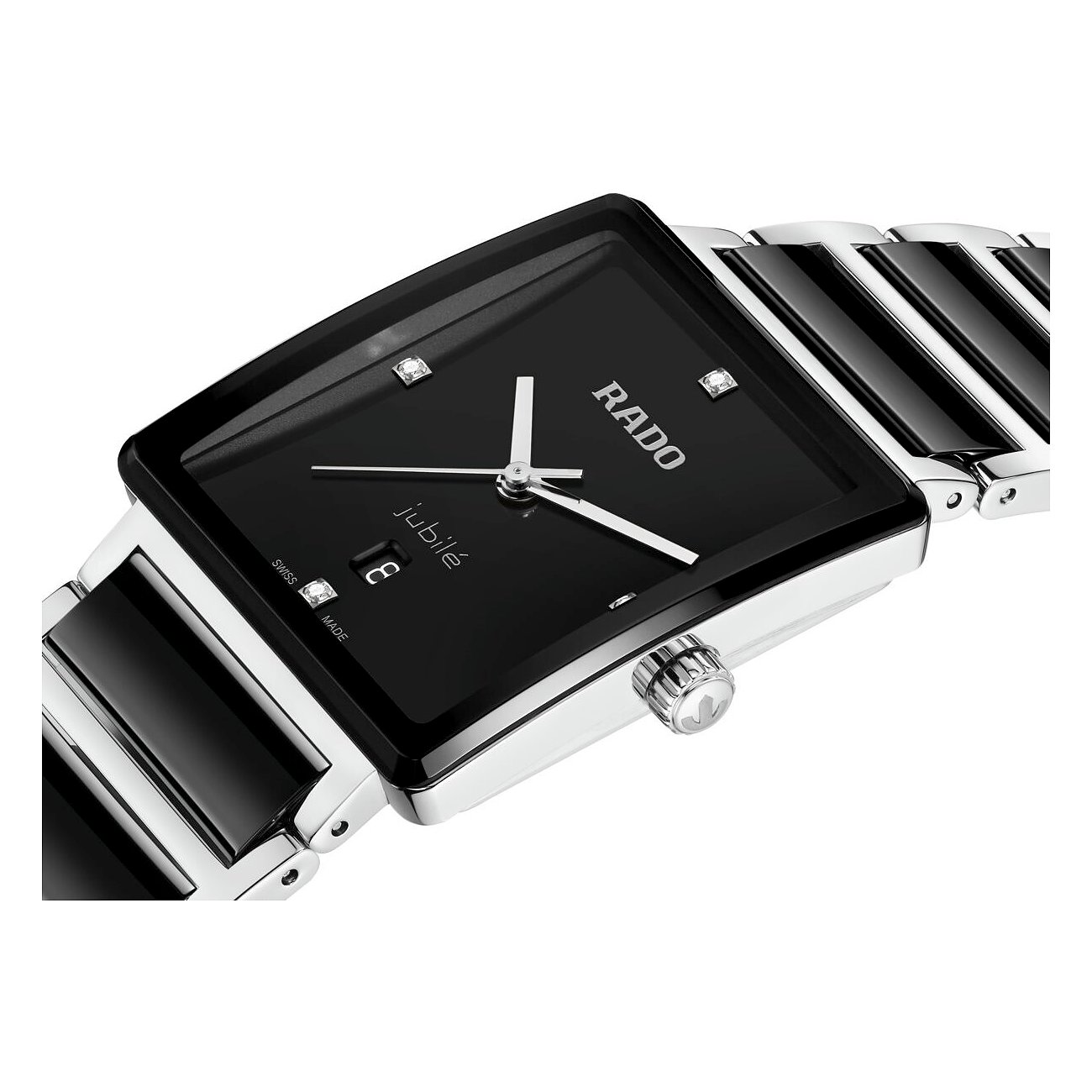 Nahaufnahme einer eckigen, schwarzen Rado Unisexuhr aus Edelstahl mit Diamanten auf dem Zifferblatt und einem Armband.