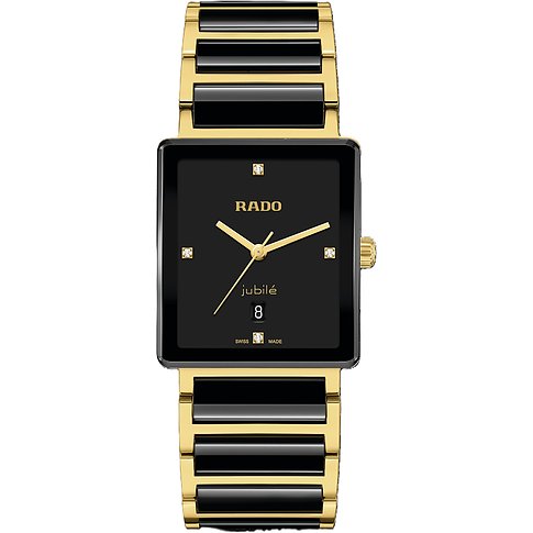 Rado Unisexuhr aus Edelstahl mit eckigem schwarzem Zifferblatt und Diamanten, goldenem Gehäuse und Armband.