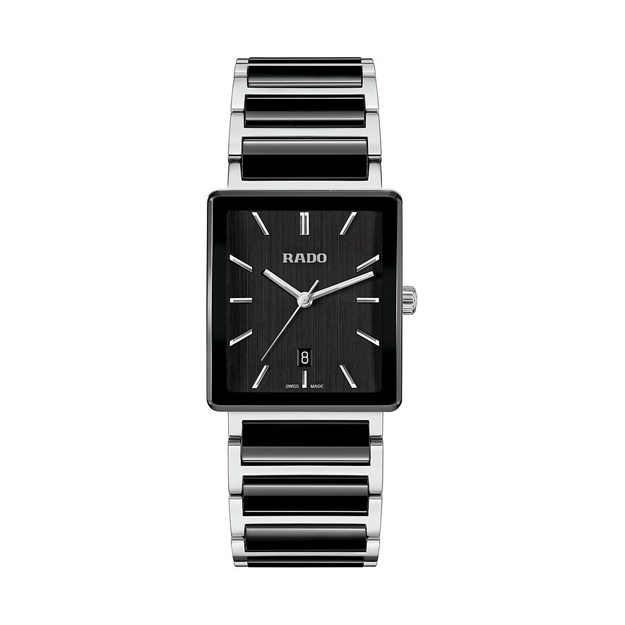 Rado Unisexuhr aus Edelstahl mit eckigem, schwarzem Zifferblatt und silberfarbenen Indizes und Zeigern.