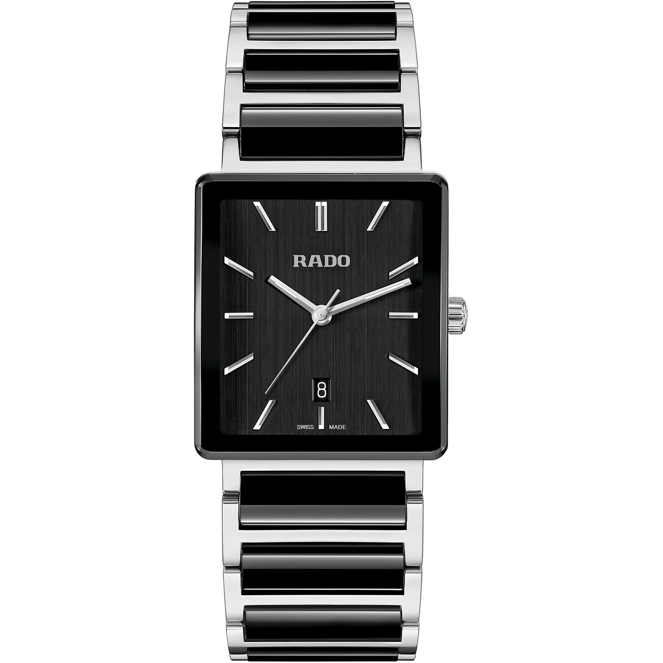Rado Unisexuhr aus Edelstahl mit eckigem, schwarzem Zifferblatt und silberfarbenen Indizes und Zeigern.