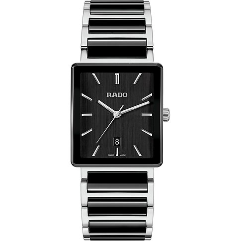 Rado Unisexuhr aus Edelstahl mit eckigem, schwarzem Zifferblatt und silberfarbenen Indizes und Zeigern.