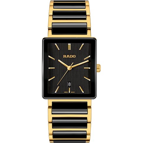 Rado Unisexuhr aus goldenem Edelstahl mit schwarzem, quadratischem Zifferblatt und goldenen Zeigern.