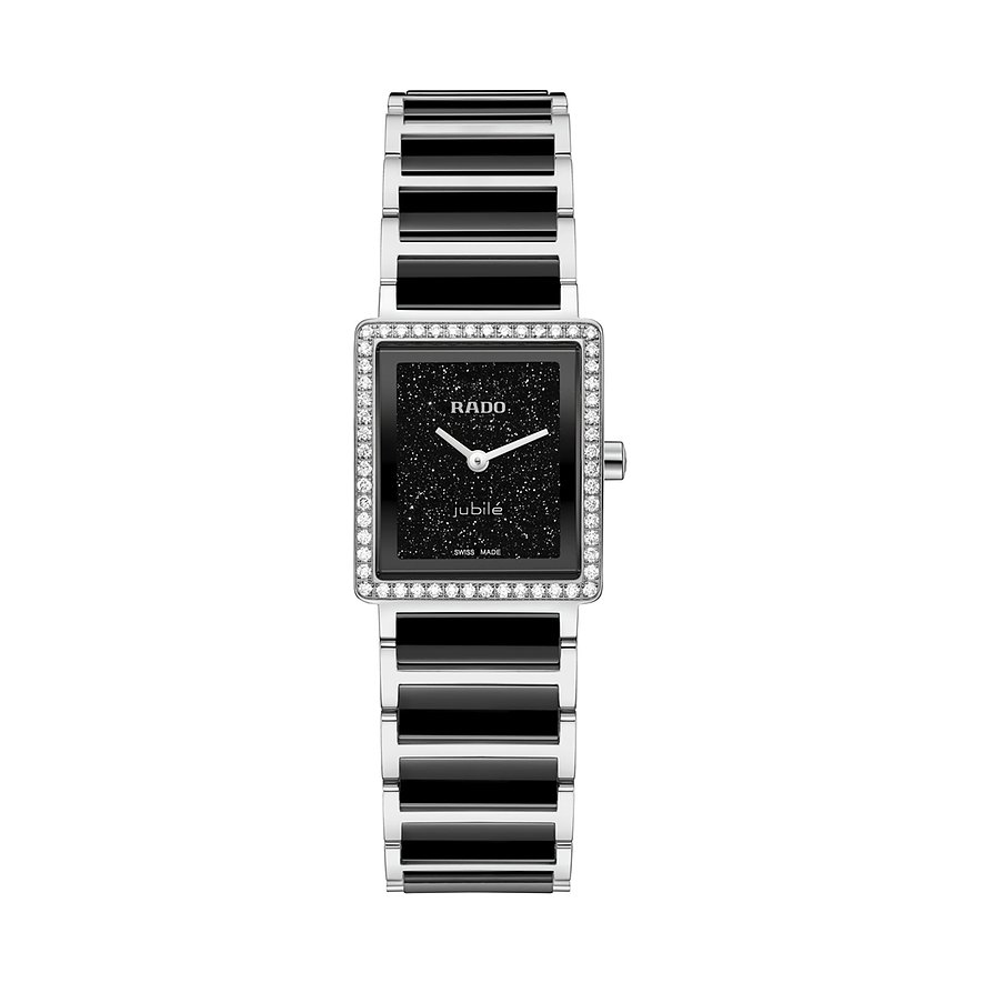 Rado Damenuhr aus Edelstahl mit eckigem Gehäuse, besetzt mit Diamanten, und schwarzem Zifferblatt.