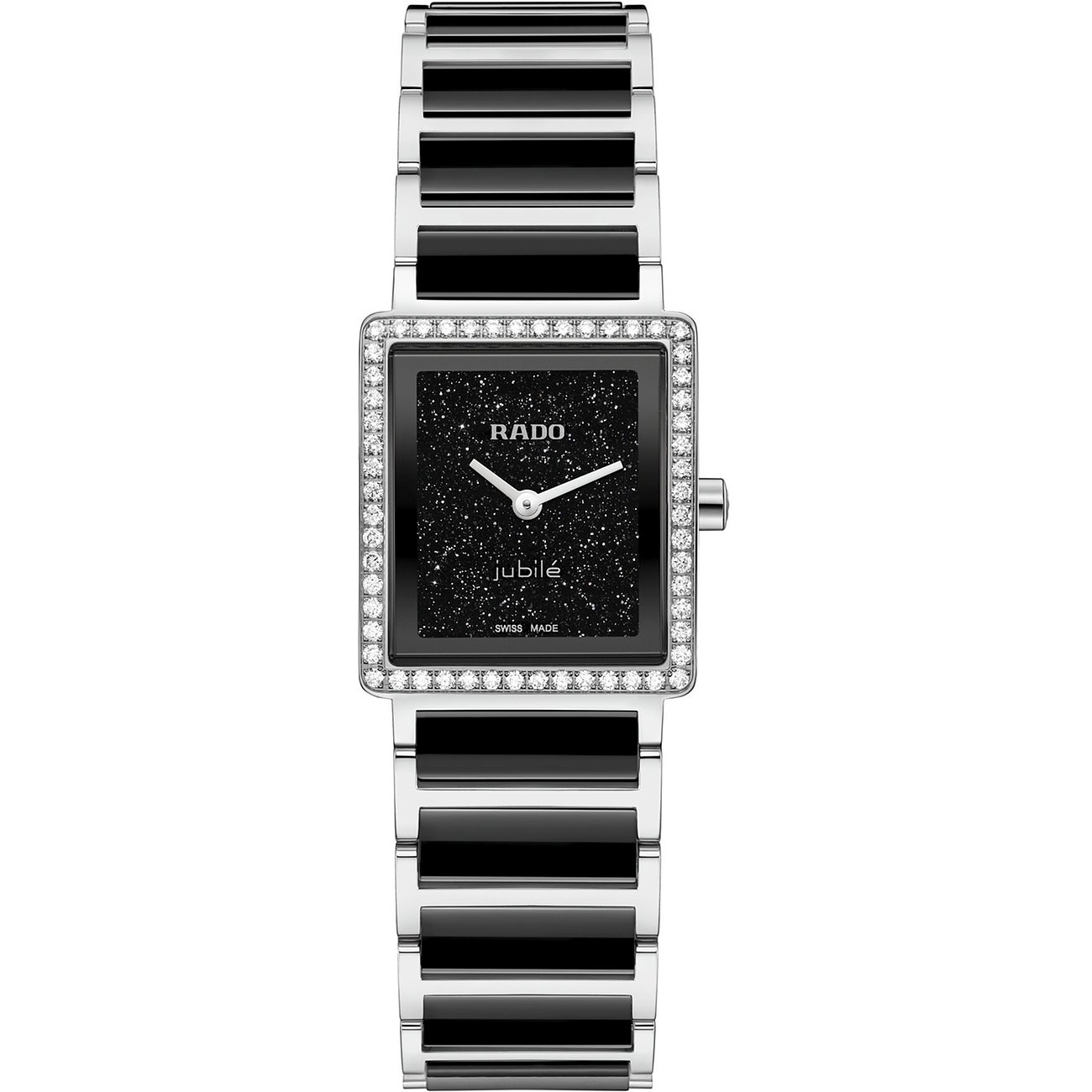 Rado Damenuhr aus Edelstahl mit eckigem Gehäuse, besetzt mit Diamanten, und schwarzem Zifferblatt.