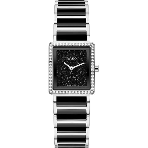 Rado Damenuhr aus Edelstahl mit eckigem Gehäuse, besetzt mit Diamanten, und schwarzem Zifferblatt.