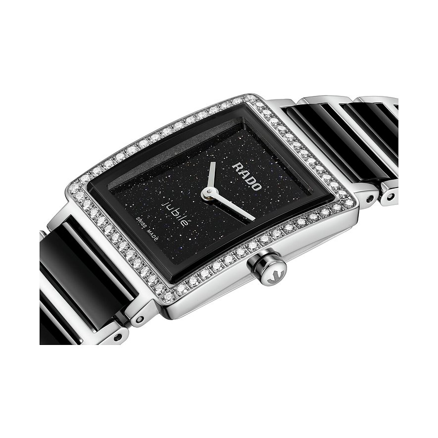Rado Damenuhr, Edelstahl, rechteckiges Zifferblatt mit Diamanten, schwarzes Glitzerzifferblatt, schwarzes Gliederarmband.