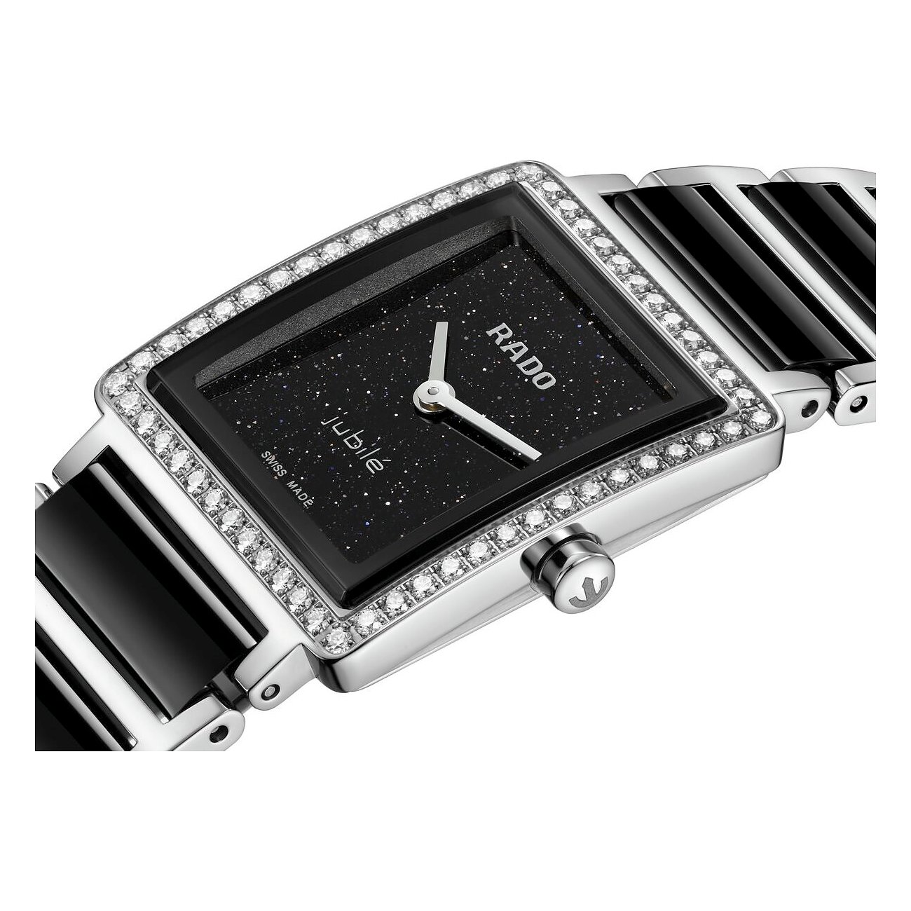 Rado Damenuhr, Edelstahl, rechteckiges Zifferblatt mit Diamanten, schwarzes Glitzerzifferblatt, schwarzes Gliederarmband.