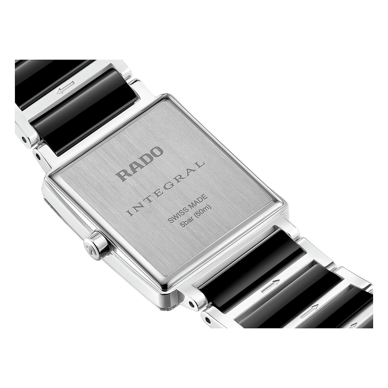 Die Rado Damenuhr aus Edelstahl zeigt die Rückseite mit dem Rado Integral Logo und der Aufschrift 