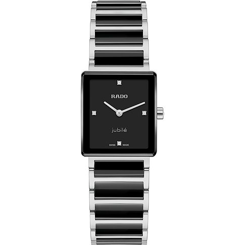Rado Damenuhr aus Edelstahl mit quadratischem Zifferblatt, besetzt mit Diamanten, und einem schwarz-silbernen Armband.