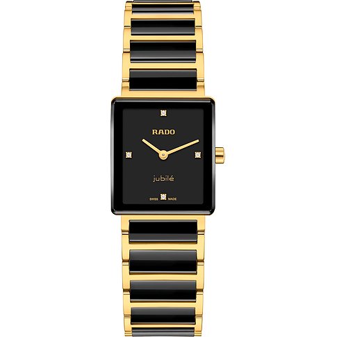 Rado Damenuhr aus schwarzer Keramik und goldenem Edelstahl mit quadratischem Zifferblatt, besetzt mit Diamanten.