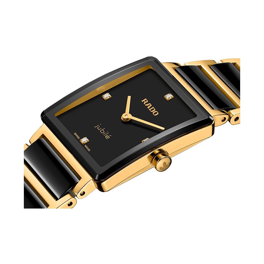 Rado Damenuhr: rechteckiges Zifferblatt, goldenes Edelstahlgehäuse, schwarzes Keramik-/Edelstahlband, Diamanten bei 12 & 6 Uhr.